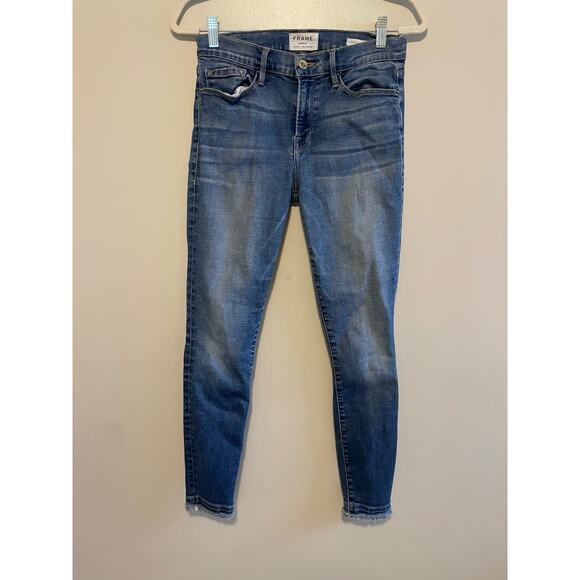 Frame Size 28 Le Skinny De Jeanne Blue Skinny Jeans Raw Hem Distressed - Picture 1 of 7